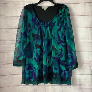 Laura Ashley Watercolor Floral Blouse Green Purple Chiffon 3/4 Sleeves Size 2x